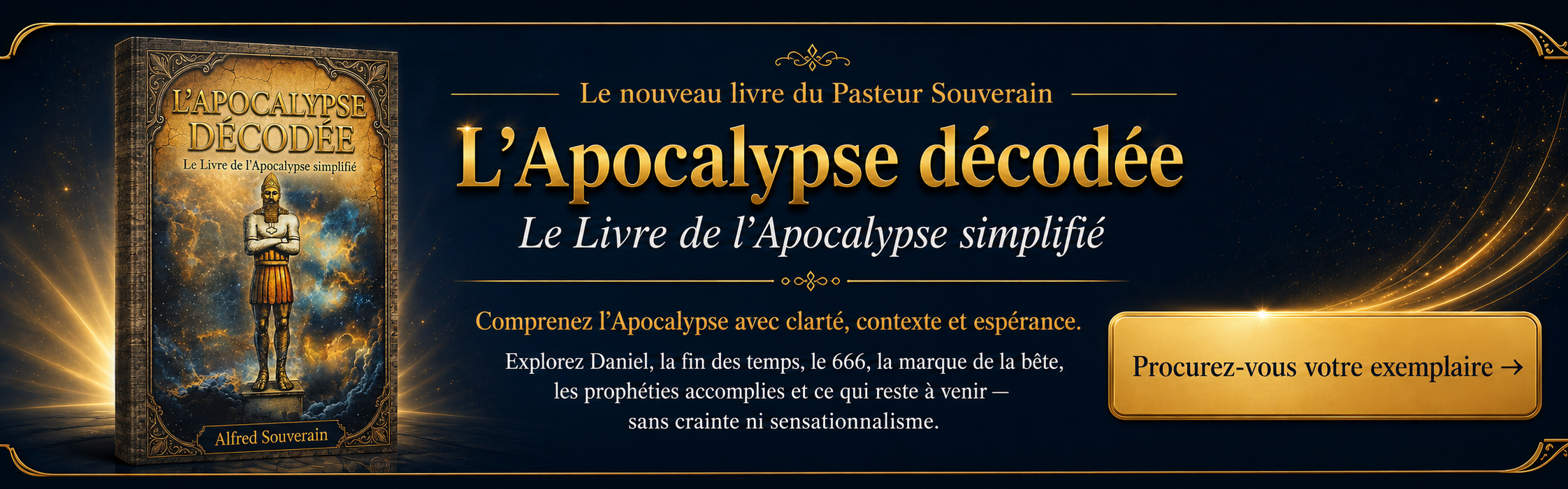 French edition of L’Apocalypse décodée: Le Livre de l’Apocalypse simplifié by Alfred Souverain, featuring a promotional book banner.